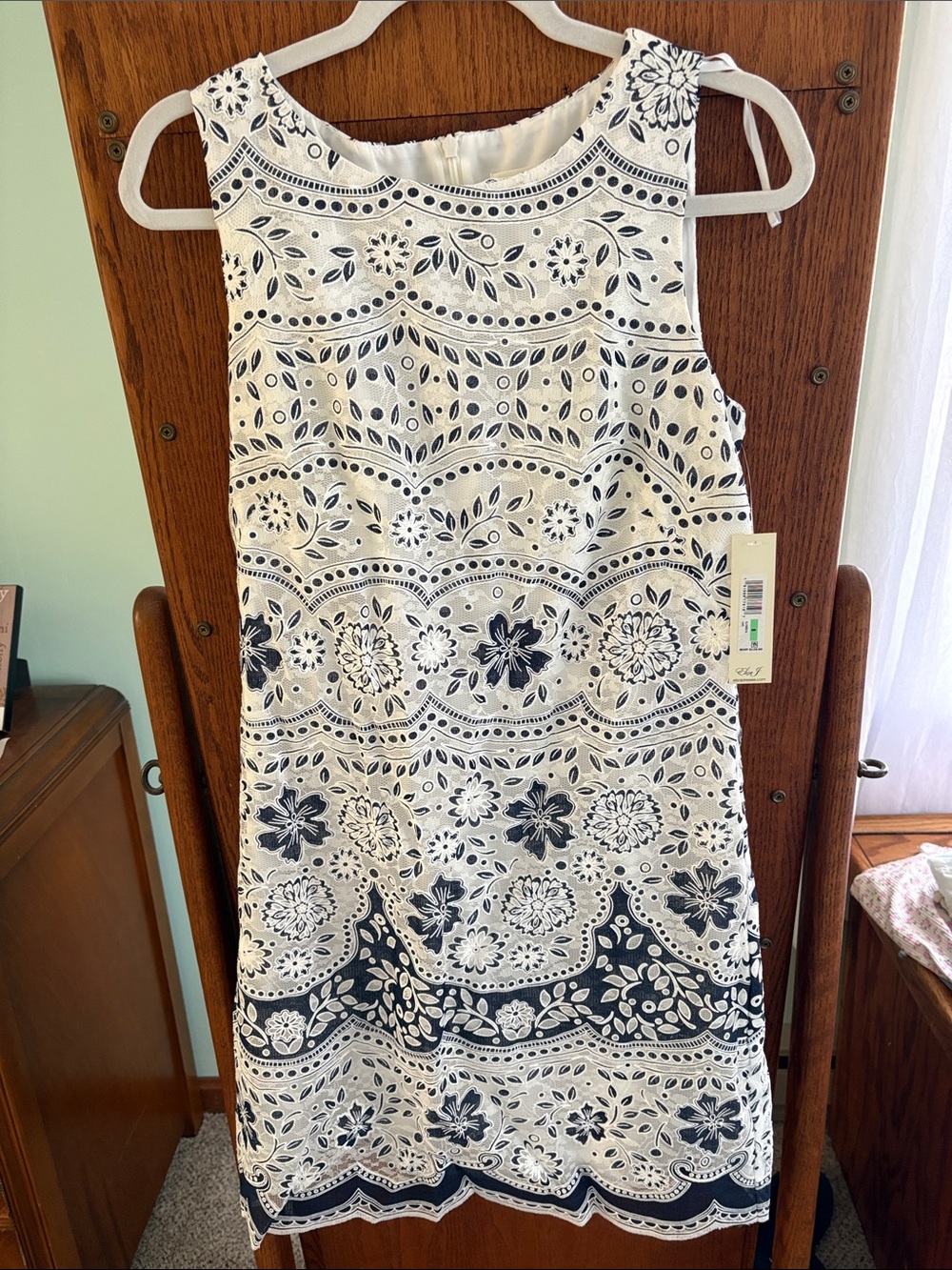 Eliza J White Dress with Navy Floral Eyelet